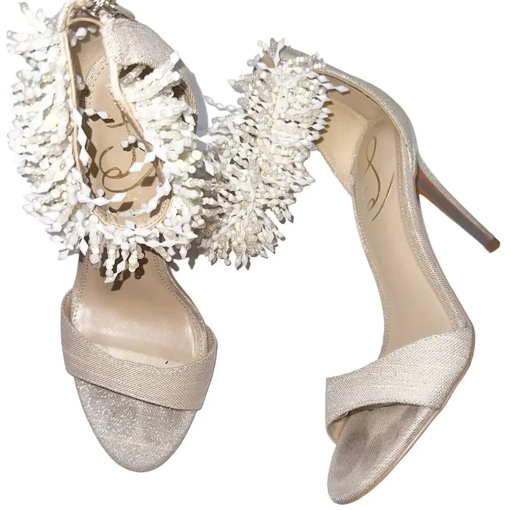 Sam Edelman Gillie Sand Linen Stilettos Open Toe Heels Beaded Size 7.5, 4'' Heel - Picture 3 of 13
